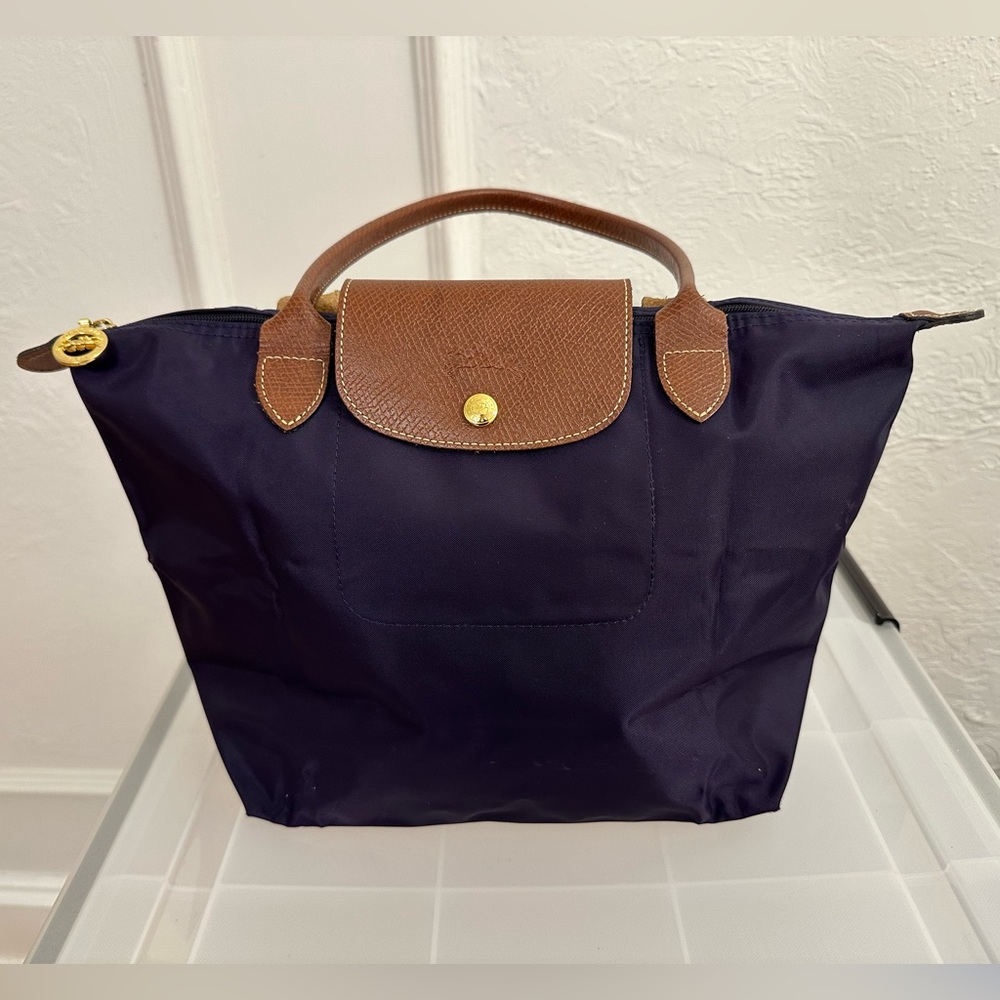 Longchamp Le Pliage S bag in dark purple and shoulder straps
